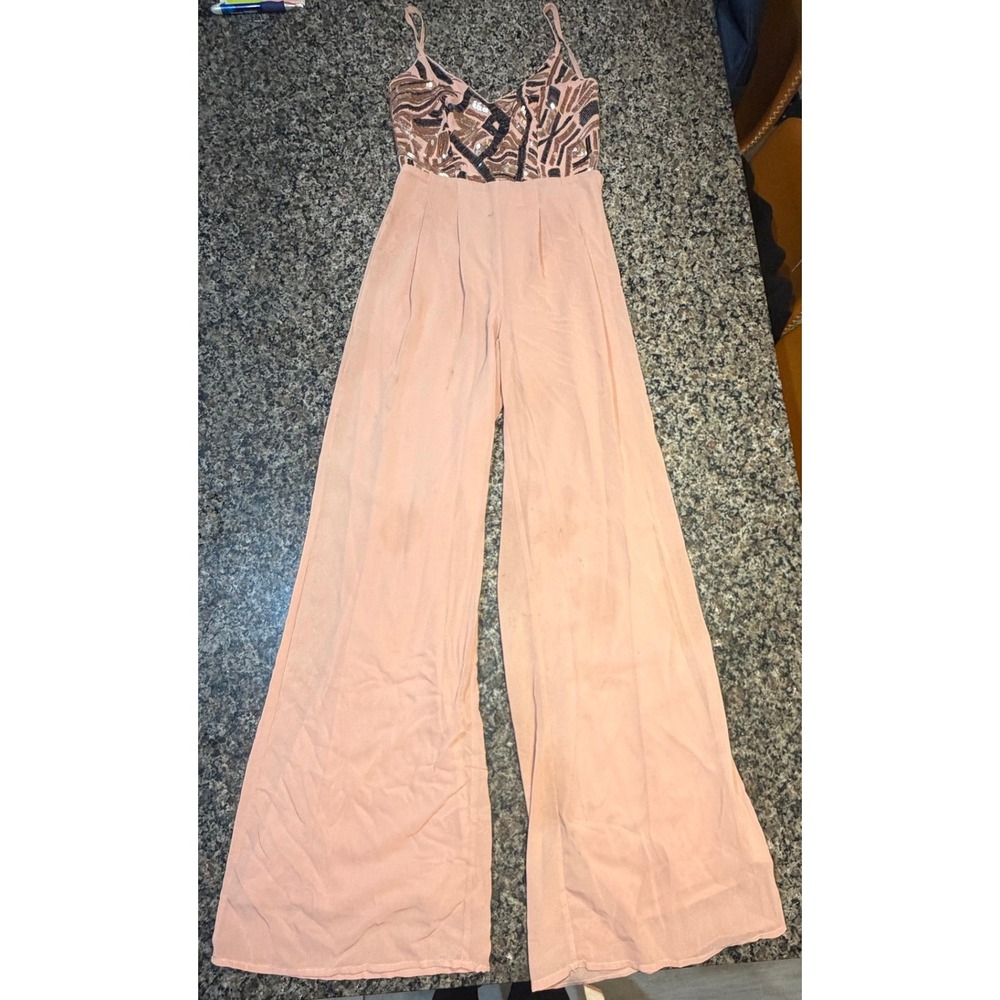 Fashion Nova Womens Sequin Bodice‎ Wide Leg Jumpsuit Peach Pink Small Geometric